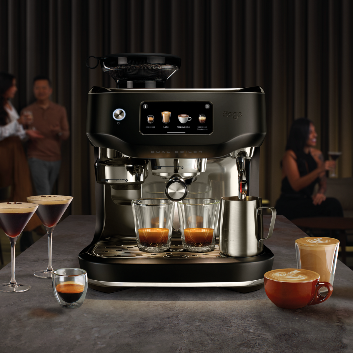 SAGE ORACLE DUAL BOILER espresso machine with dual brewing and milk frothing features, serving lattes and cappuccinos.
