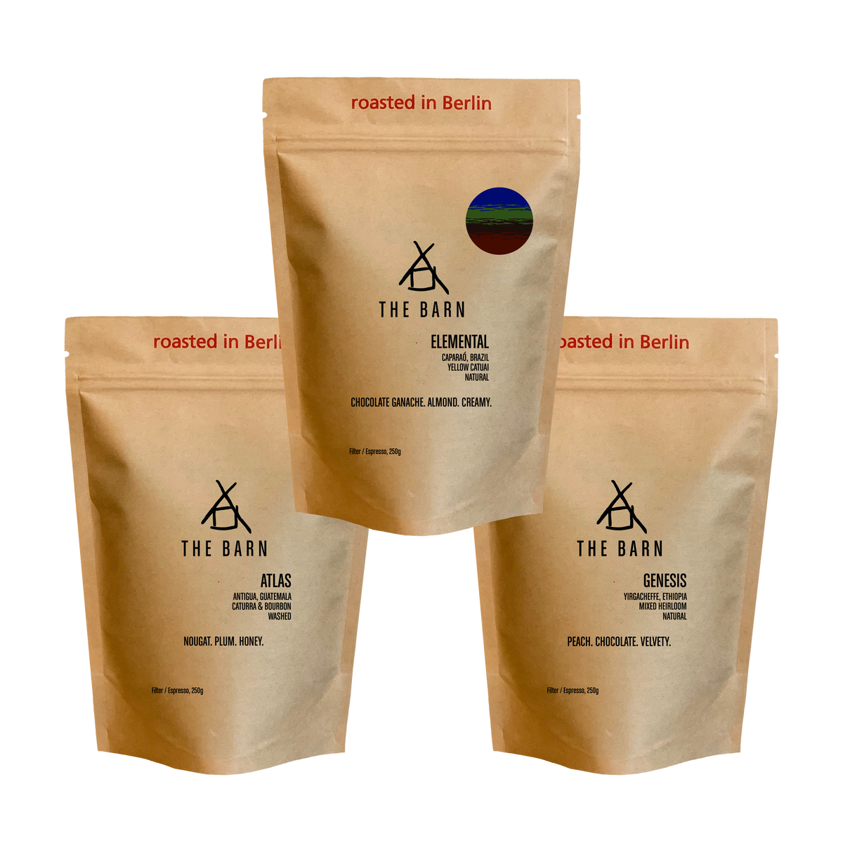 CORE COLLECTION of specialty coffee beans featuring Elemental, Atlas, and Genesis from The Barn, roasted in Berlin.