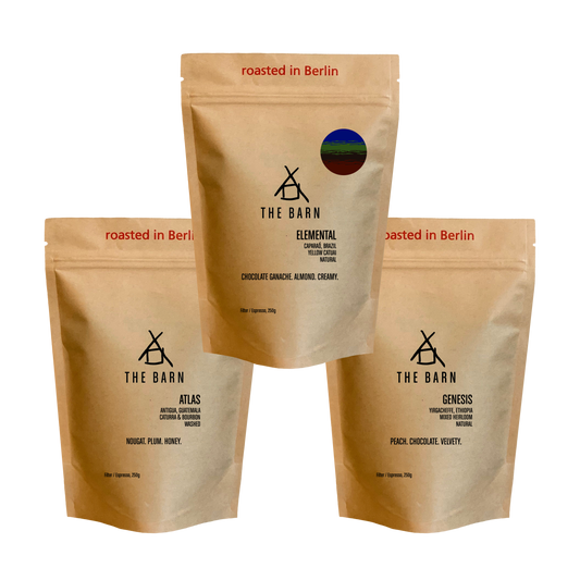 CORE COLLECTION of specialty coffee beans featuring Elemental, Atlas, and Genesis from The Barn, roasted in Berlin.