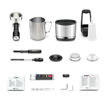 SAGE ORACLE DUAL BOILER accessories including portafilter, milk jug, and cleaning tools.