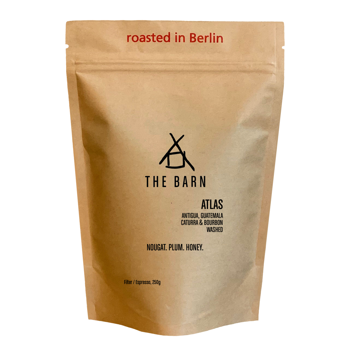 ATLAS COFFEE bag featuring Guatemala Coffee Beans, roasted in Berlin with notes of nougat, plum, and honey.