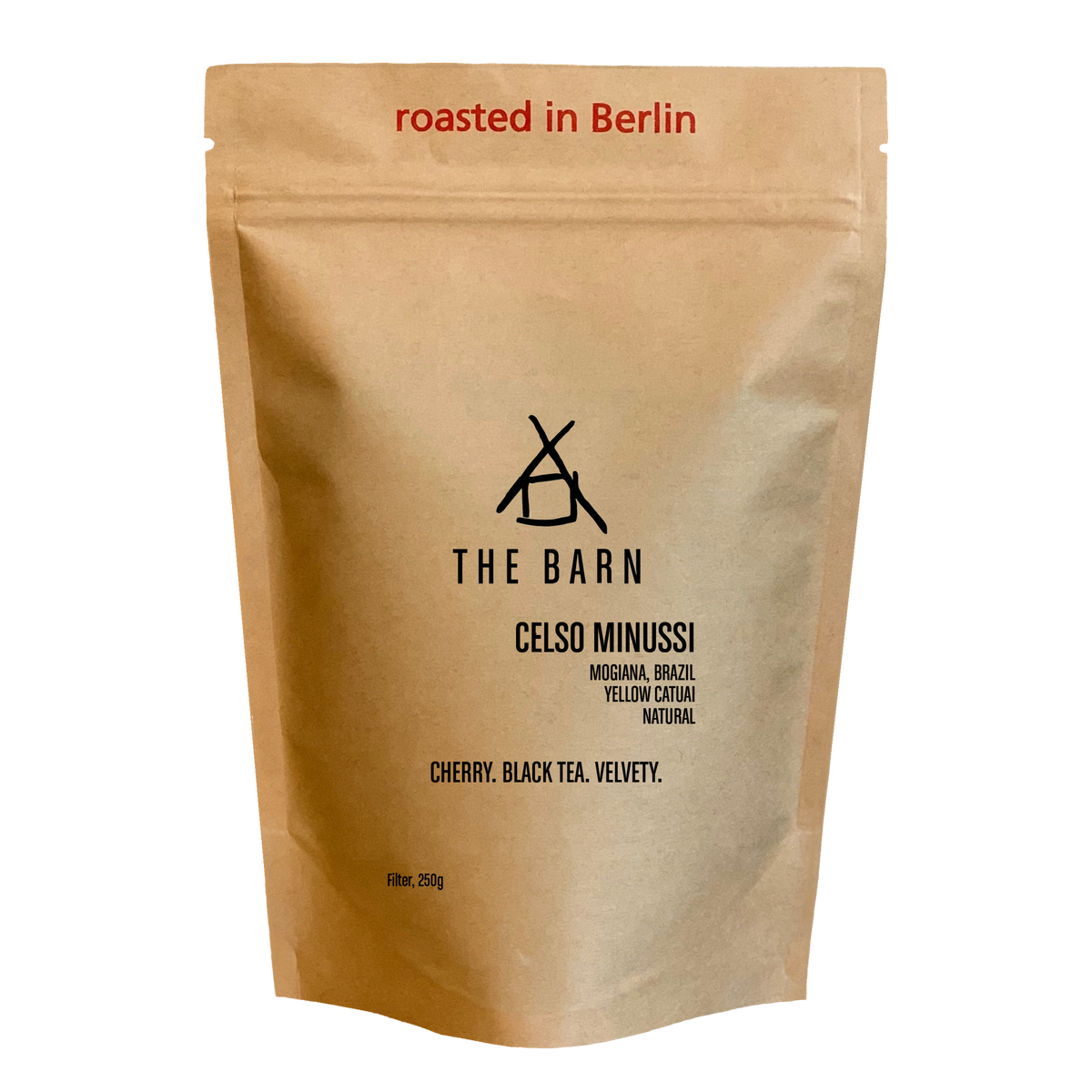 Kraft paper coffee bag with 'The Barn' branding and coffee description 'Celso Minussi' on a white background