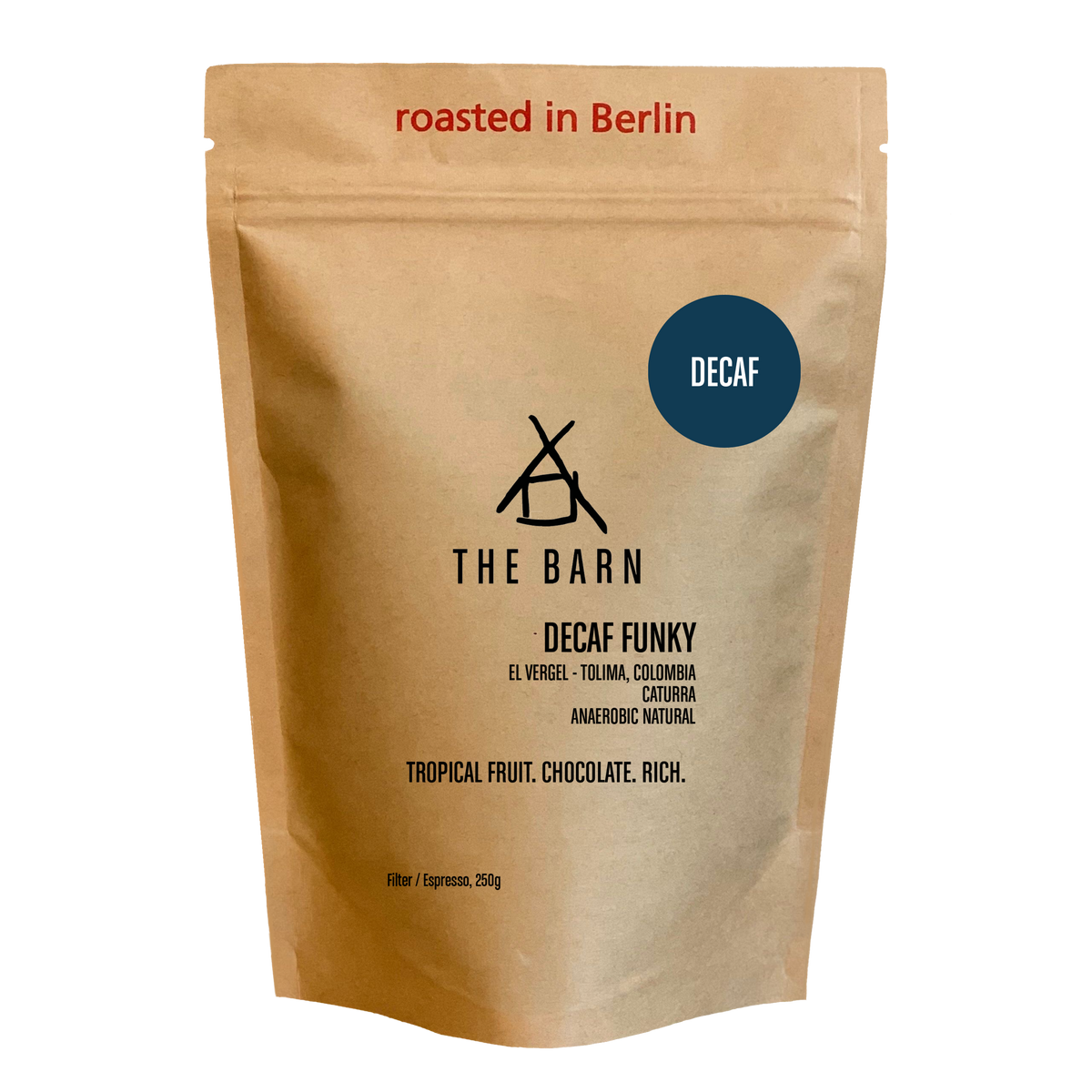 DECAF FUNKY coffee bag featuring tropical fruit and chocolate notes, from El Vergel, Tolima, Colombia.