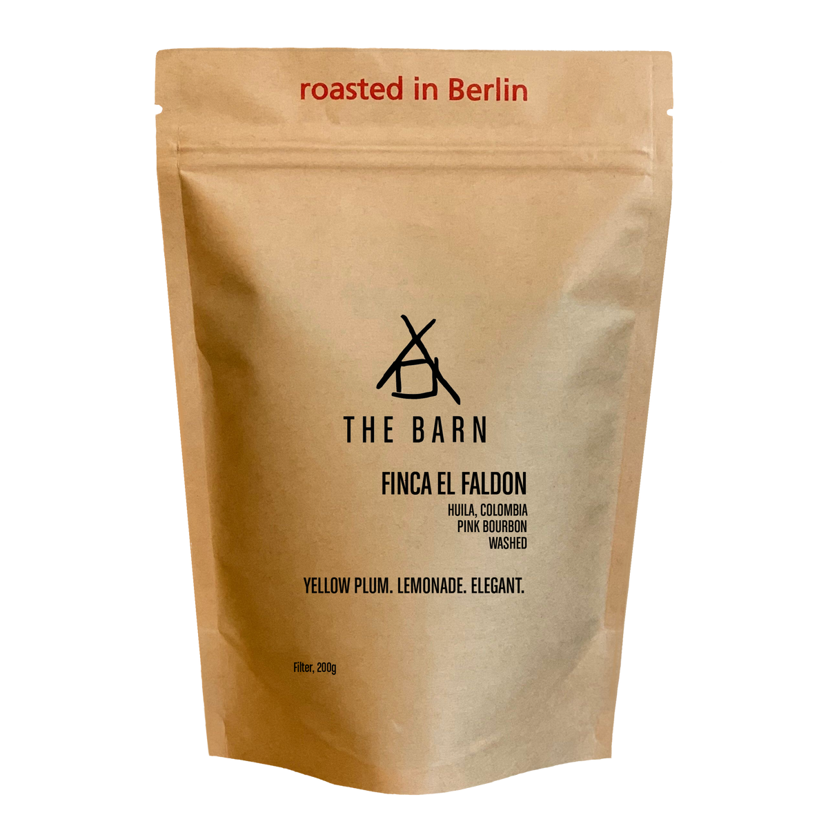 THE BARN Finca El Faldon Pink Bourbon filter coffee from Huila, Colombia in a 200 g retail bag.