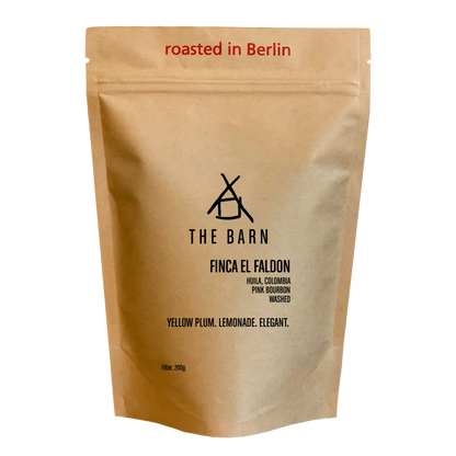 THE BARN Finca El Faldon Pink Bourbon filter coffee from Huila, Colombia in a 200 g retail bag.