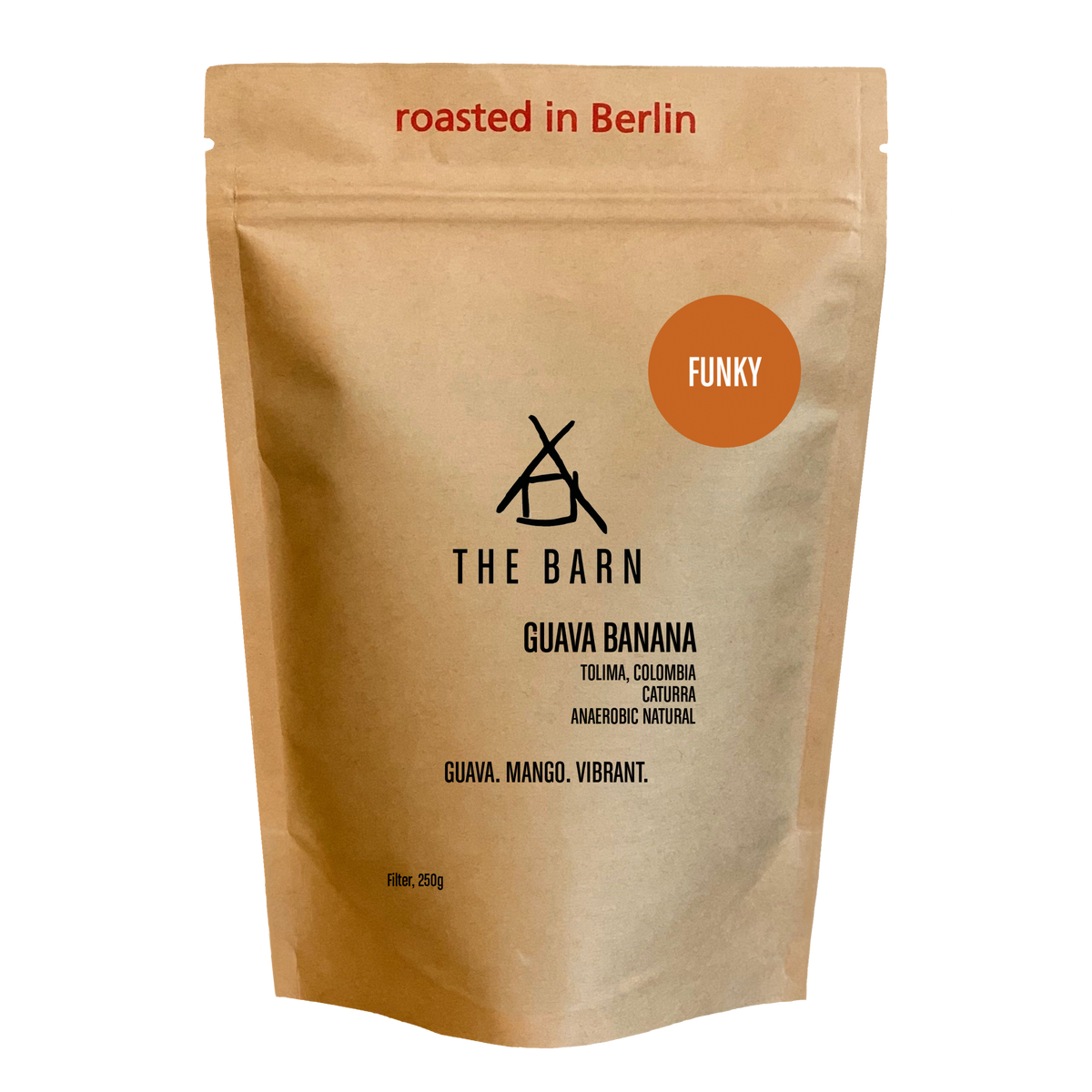 THE BARN Guava Banana whole bean coffee from Tolima, Colombia in retail packaging.
