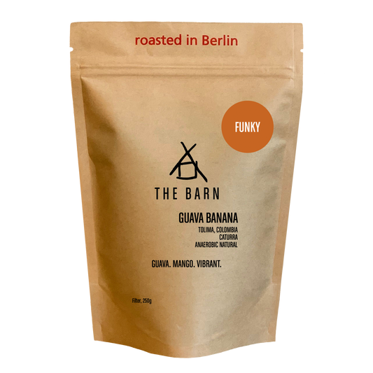 THE BARN Guava Banana whole bean coffee from Tolima, Colombia in retail packaging.