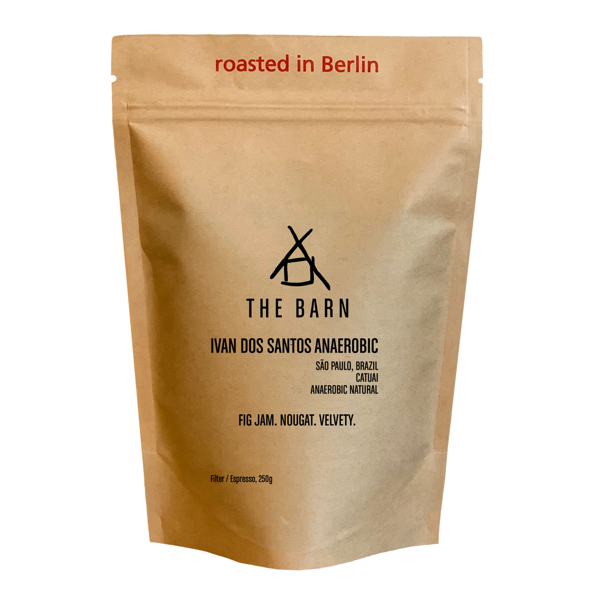 Packaging of IVAN DOS SANTOS ANAEROBIC coffee, featuring notes of fig jam and nougat, roasted in Berlin.