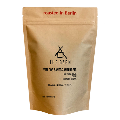 Packaging of IVAN DOS SANTOS ANAEROBIC coffee, featuring notes of fig jam and nougat, roasted in Berlin.