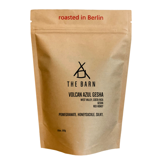 Package of VOLCAN AZUL GESHA HONEY coffee from The Barn, roasted in Berlin.