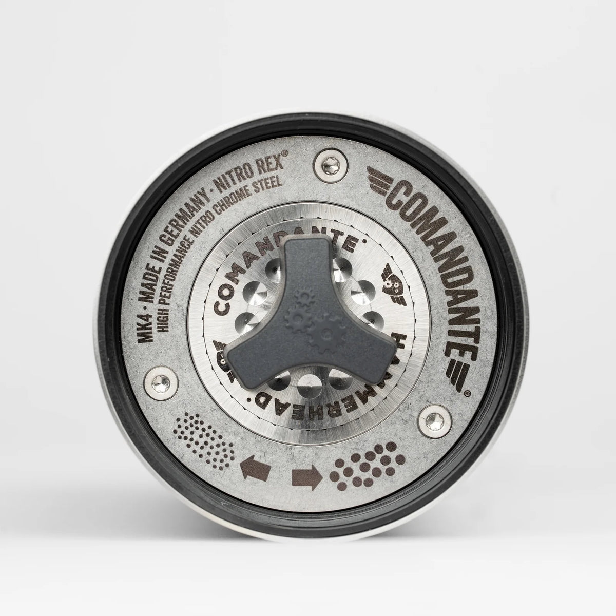 Close-up of the burr set of the COMANDANTE C40 LAB SERIES, showcasing Nitro Rex stainless steel and Hammerhead style.