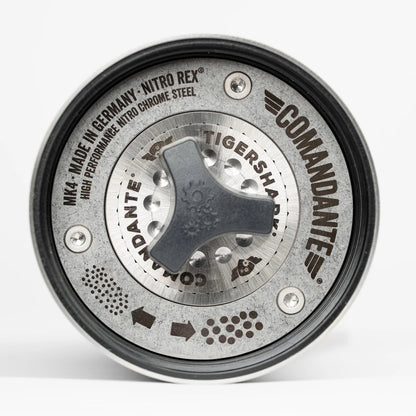 close-up of COMANDANTE C40 LAB SERIES burr set featuring Tigershark style and Nitro Rex stainless steel.