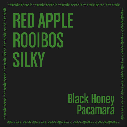 Text design with 'RED APPLE ROOIBOS SILK' and 'Black Honey Pacamara' on a black background with 'terroir' text.