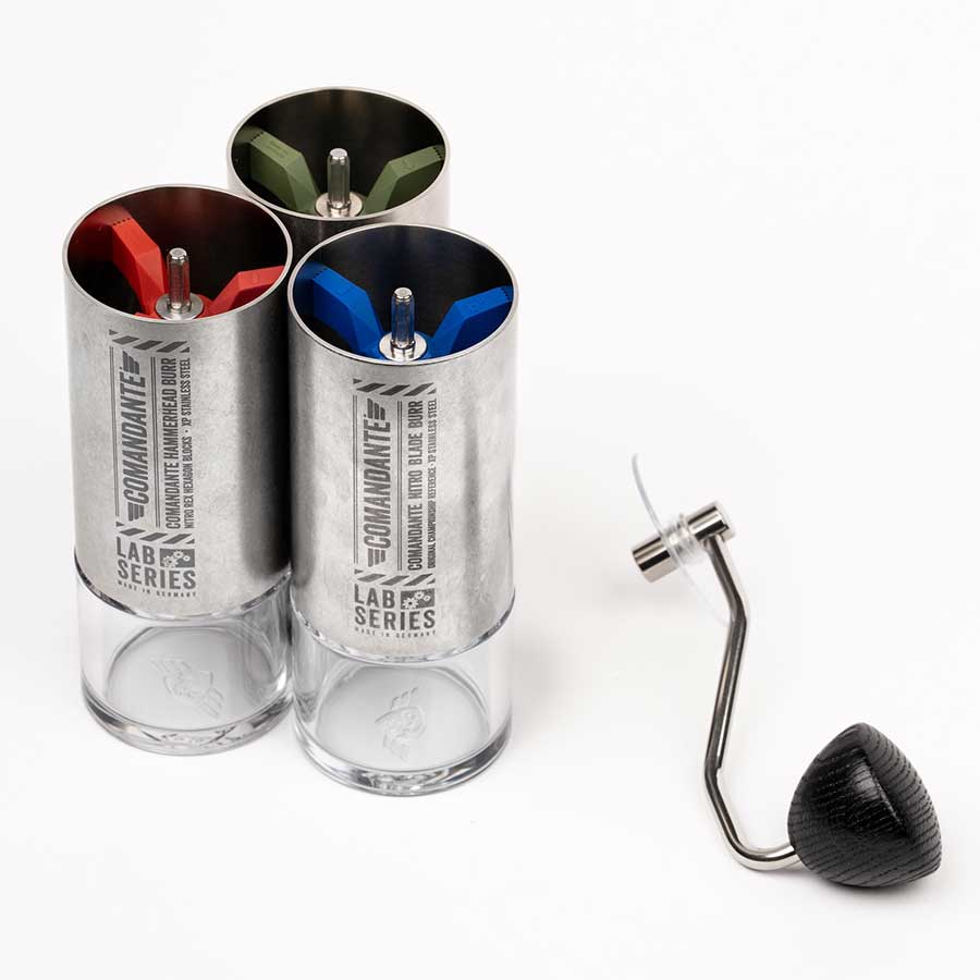COMANDANTE C40 LAB SERIES featuring various burr sets for customizable coffee grinding.